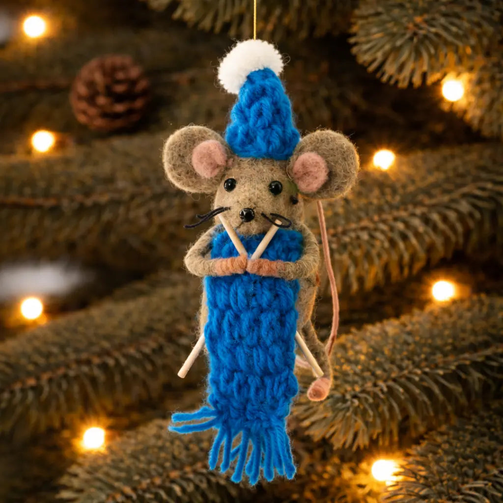 Blue Knitting Mouse Decoration